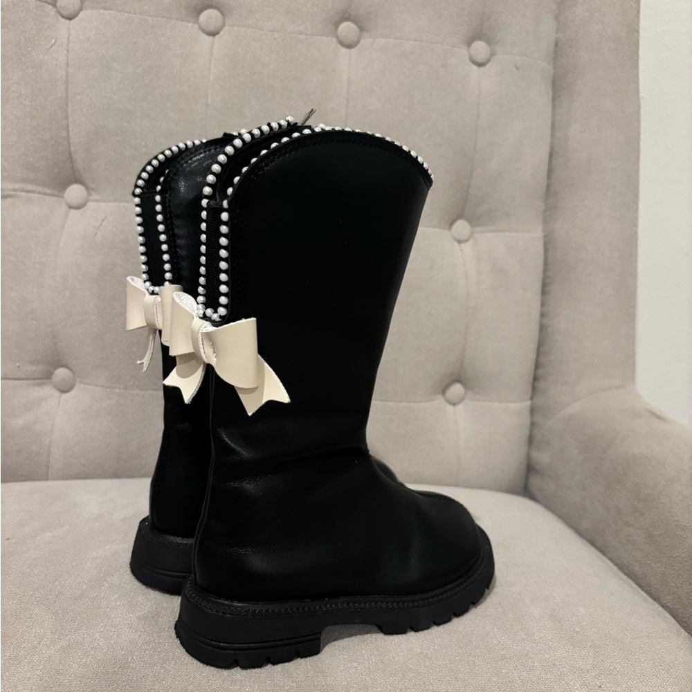 Black Boots with Pearl Trim and Bow